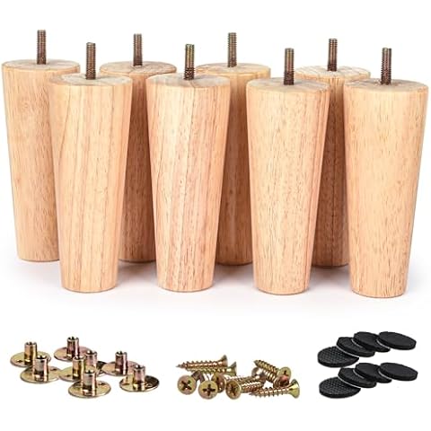 La Vane 8 inch / 20cm Wooden Furniture Legs, Set of 8 Solid Wood Tapered Replacement Furniture Feet with Pre-Drilled 5/16 Inch Bolt & Mounting Plate & Screws for Couch Sofa Cabinet Ottoman Cover