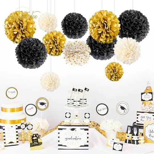 image for NICROLANDEE Black and Gold Party Supplies for 2026 Graduation - 12PCS 