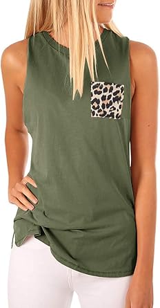 Woffccrd Womens High Neck Cami Tank Tops Leopard Pocket Sleeveless Plain T Shirt Summer Tops