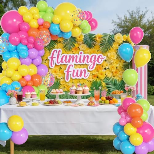 Image of Ouddy Life 157 Pcs Tropical Balloons Arch Garland Kit, Hot Pink Blue Yellow Lime Green Orange Purple Rainbow Colorful Balloon Different Size for Summer Hawaiian Luau Aloha Birthday Party Decorations