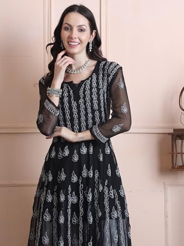 Image of FAWOMENT Women's Designer 56 Kali Kurta with Fine Lucknowi Hand Embroidered Chikankari