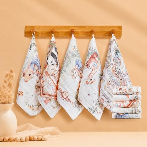 Image of Little Boo Muslin 6 Layer Organic Cotton Face Towels for Newborn Baby,Baby Bath Towel Wipes Extra Soft Hankies Handkerchief for Kids, Reusable for Toddlers Kids - (Pack of 5) Digital Print