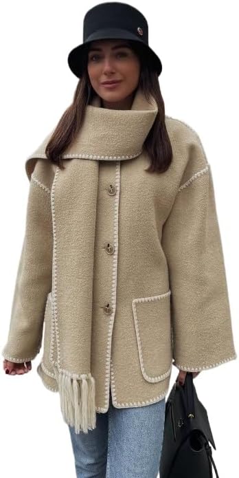 Autumn and Winter Women's Wide Sleeved Cardigan Jacket, Scarf Decoration Button Cardigan, Woolen Jacket (Khaki,Small)
