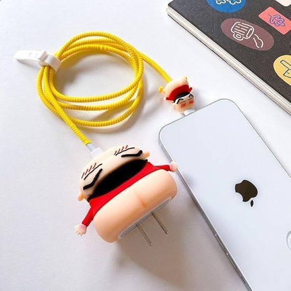 Image of PHONE PALACE 4 in 1 Compatible with Apple iPhone Charger Case Cover | Silicon Charger Case Cover for Apple 18-20W 360 Degree Protection Case with Wire Saver (Shinchan (Red))