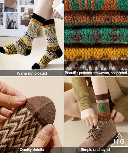 Image of IIG 5 Pairs Womens Pretty Vintage Wool Socks Unique Print Design Soft Cozy Warm Crew Socks Christmas Gift
