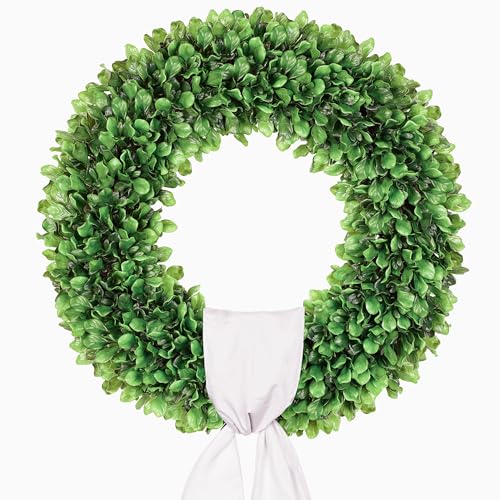 Petalyn 20 inch Artificial Boxwood Wreath for Front Door, Greenery Spring Summer Wreath for All Seasons with Sash,St Patricks Day Decoration, Farmhouse, Garden, Wedding, Indoor & Outdoor