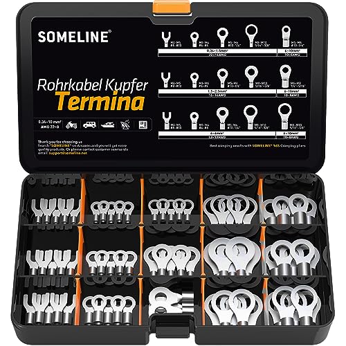 SOMELINE DIN-Serie Ringkabelschuh Set - Quetschkabelschuhe - unisoliert für Kabel 0 34-10mm - M3 M4 M5 M6 M8 M10 - Kabelösen - Rohrkabelschuhe - Ringkabelschuhe - geeignet für 16S Crimpzange