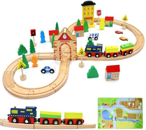 Rail Set 54-Piece Magnetic Train Set for Kids, Wooden Railway Set Compatible ...