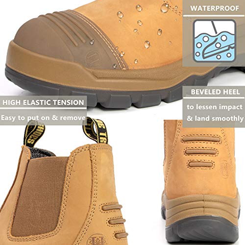 DIIG Work Boots for Men, Soft Toe Waterproof Working Boots, Slip Resistant Anti-Static Slip-on Safety Working Shoes 8 9 10 11 12 13 (TAN/802EE, 9.5) - Thumbnail 4