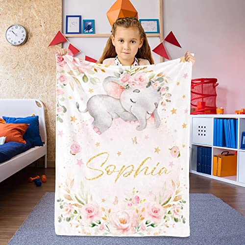 Image of Customized Baby Elephant Blanket with Name for Girl Custom Newborn Blanket