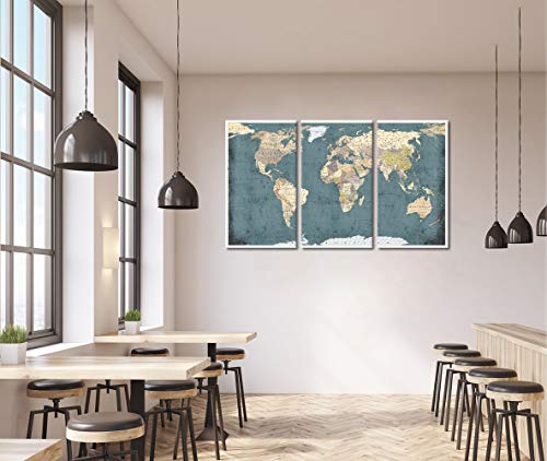 Welmeco Large 3 Pieces Vintage Blue Map Of The World Canvas Prints Retro Detailed Push Pins World Travel Map Canvas Art Living Room Office Decoration (Rustic) #TOP4