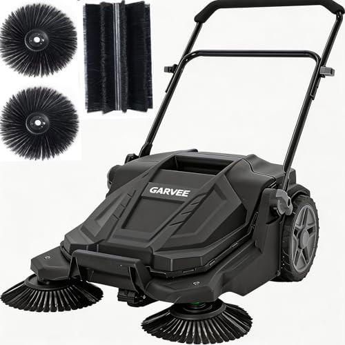Image of Walk-Behind Outdoor Hand Push Floor Sweeper, 25.6 Inch Wide Manual Non-Electric Sweeper with 5.25 Gallon Waste Bin, Adjustable Folding Handle Heavy Duty Yard Sweeper for Garage Patio Walkway Driveway