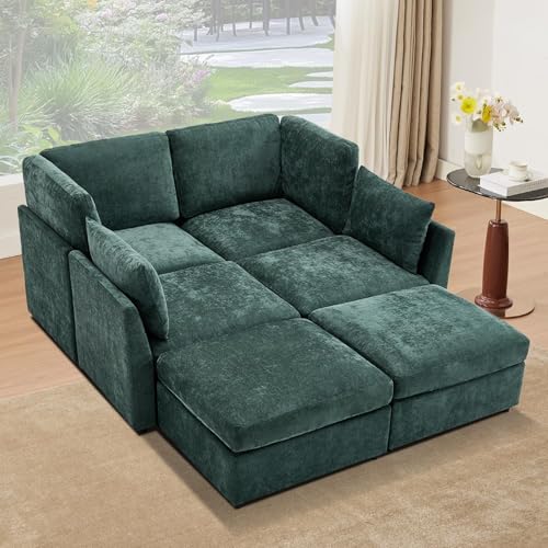 Tbfit Modular Sectional Couch, Sofa for Living Room,Chenille Cloud Couch with Ottoman 6 Seat, Green