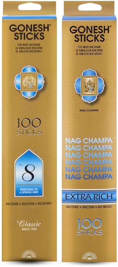 Gonesh - Classic & Extra Rich Scented Incense Sticks Bundle - Non-Toxic 10” Slow Burn Aromatic Sticks - No. 8 & Nag Champa - 100 Sticks Each