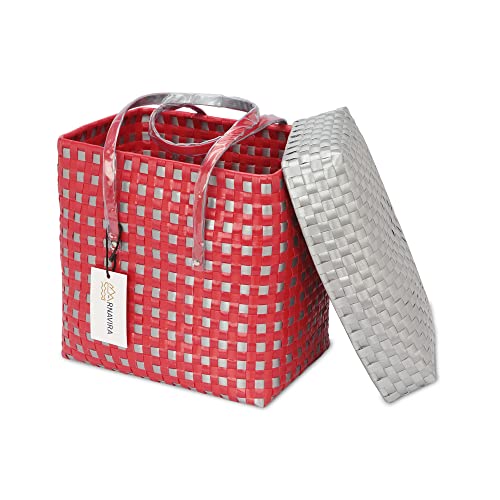Image of Arnavira Handmade Multipurpose with Lid 7.5L Used as Lunch Lunch Bag Tiffin Bag for Office,School & Travel (25x13x22) (Red Silver, Small)