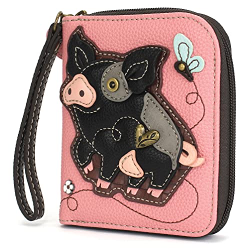 Image of CHALA Zip Around Wallet, Wristlet, 8 Credit Card Slots, Sturdy Pu Leather - Spotted Black Pig - Pink
