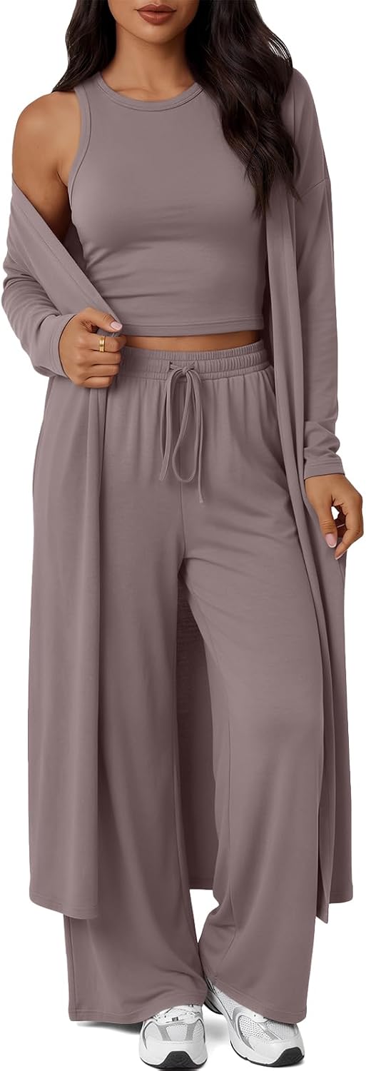 Trendy Queen 3 Piece Lounge Sets for Womens Travel Outfits | Buttery-soft tank, pants & duster, breathable fabric, ideal for airport, work from home, brunch, errands or daily lounging