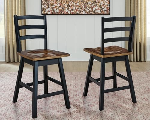Image of Signature Design by Ashley Counter Height Swivel Bar Stools, Set of 2 | Solid wood frame, Contoured hard seat, 360-degree swivel, Two-tone farmhouse style, Kitchen island, Wildenauer Series