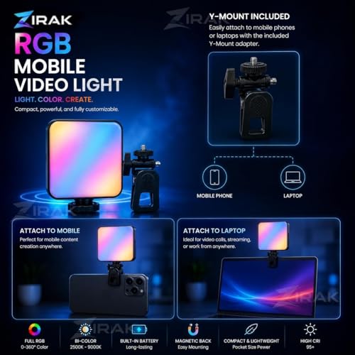 Image of RGB Video Light with Mobile Clip Mount, Rechargeable LED Camera Fill Light for Photography, Vlogging, YouTube, Live Streaming & Makeup, Adjustable Brightness Pocket Light