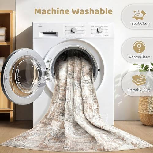 Runner Rug Kitchen Washable Rugs: 3x10 Non-Slip Abstract Soft Modern Stain Resistant Indoor Floor Neutral Accent Throw Carpet for Hallway Bathroom Laundry Room Entryway Bedroom- Brown