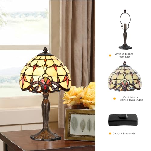 HomeBeauty TL0007 Tiffany Lamp Baroque Design Stained Glass Table Lamp 8" D x 14.25" H for Living Room Bedroom Bedside Nightstand Home Office, LED Bulb Included (Beige Baroque) by HomeBeauty - Used condition - Image 3