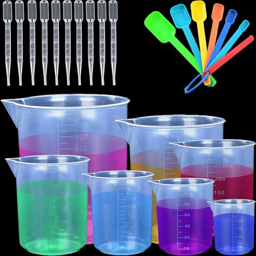 Plastic Measuring Cups with Spoons and Droppers, 24Pcs Liquid Measure Jug Transparent Lab Graduated Beakers, Multipurpose Paint Mixing Cups for Science Exploration