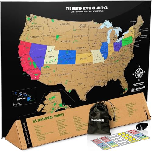 Landmass Scratch Off United States Map, Travel Poster with National Parks, State Capitals, USA Wall Art, Gift for Travelers, Home Travel Decor, Gift Idea for Adventure Enthusiasts, 17x24 Inches