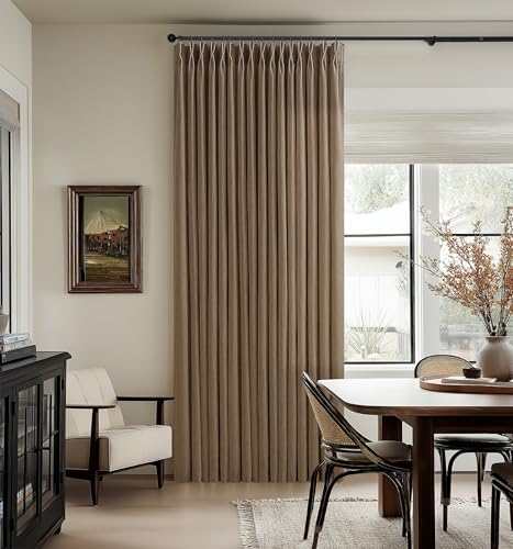 Vintage Dark Brown Pleated Linen Semi Sheer Curtains 112 Inch Long 2 Panels
