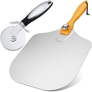 Pizza Peel 12 x 14inches, Pizza Paddle Pizza Spatula Shovel Pizza Cutter, Pizza Peel with Foldable Wood Handle, Aluminum Pizza Turner Peel Tools Making Accessories for Baking Pizza Bread
