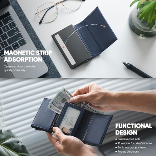 Image of VULKIT Pop up Wallet Minimalist Cash Wallets RFID Blocking Leather Smart Credit Card Holder with Magnetic Closure for Men