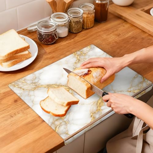 Tabla de cortar acrílica con borde elevado 41.91 x 34.04 cm, blanca con detalles dorados, antideslizante, para cocina y protección de encimeras miniatura 7