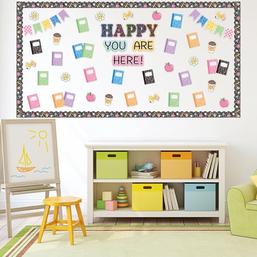 BeYumi Back to School Happy You are Here Bulletin Board Set Colorful Composition Notebook Cutouts Pencil Apple Smile Face Flower Black Border Trims School Kindergarten Classroom Chalkboard Wall Decor - Image 5