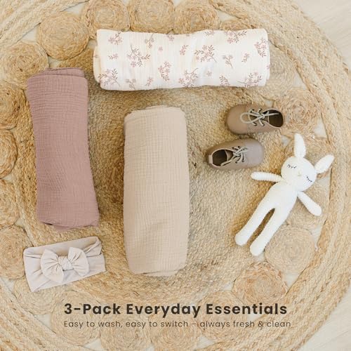 Image of Konssy 3 Pack Muslin Swaddle Blankets for Unisex, Newborn Receiving Blanket, Large 47 x 47 inches, Soft Breathable Muslin Baby Swaddles for Boys & Girls