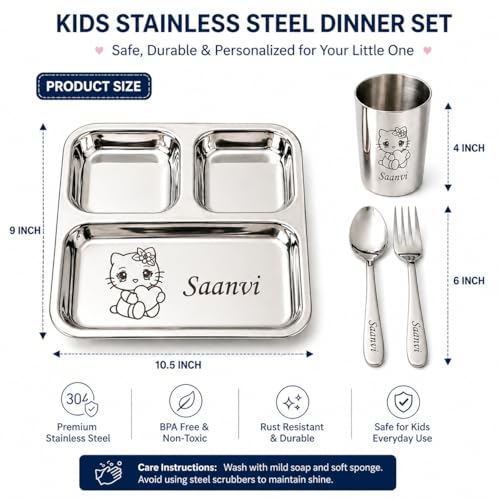 Image of SAVRI Personalized Stainless Steel Mealtime Printed Dish - Customized Gift for Boy, Baby Girl - Name and Favorite Character Engraved - Ideal for Birthday Gifting - 4 Pcs (1 Set)