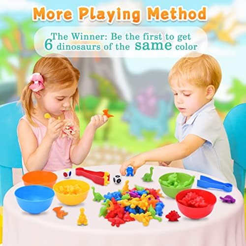 Montessori Toys 58 Pieces, Rainbow Counting Dinosaurs with Color Matching Sorting Cups, Dices and Tweezers, Math Skills Game Educational Sorting Toys & Gifts for 2 3 4 Toddlers