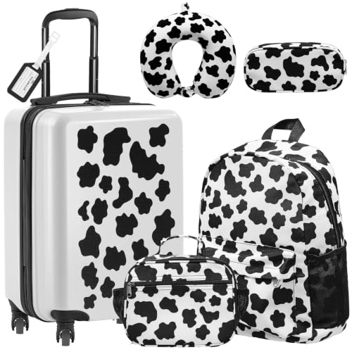 Redbaker 6 Pcs Kids Luggage Set, 17 Inch, Black and White Cow