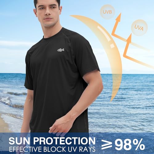 Men\'s Rash Guard Swim Shirt Short Sleeve, Quick Dry UPF 50+ Sun Protection Fishing T-Shirt (Black,3XL)