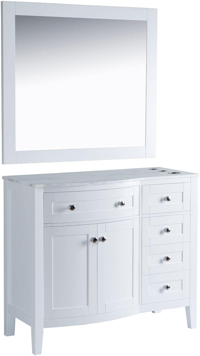 Buy-Rite Denali 42” Salon Vanity Styling Station & 40"x36" Mirror – White Finish, Solid Wood, 3/4" Quartz Countertop, Built-in Tool Holders, 5 Drawers, Cabinet, Preassembled, HMD-V42-WHITE