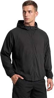 Men's Lightweight Hooded Windbreaker Jacket, Cotton Touch Nylon Taslan Windproof Zip Up Shell for Outdoor Travel Running