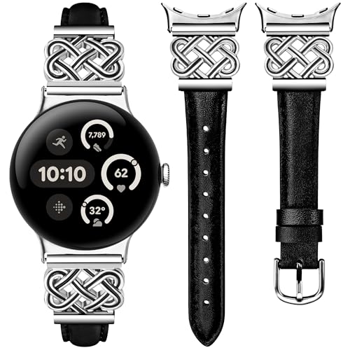 Image of TOYOUTHS Slim Leather Band Compatible with Google Pixel Watch 4 3 41mm /Pixel Watch 2 1 Band Women, Celtic Metal Dressy Thin Fashion Designer Premium Leather Strap for Google 4 3 2 1 Smartwatch