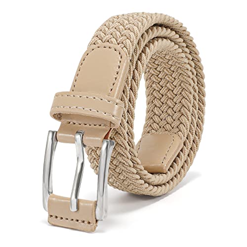 Whippy Kids Braided Stretch Elastic Belt Pin Buckle Leather Loop End Tip Woven Belt For Boys Girls,Beige #TOP14