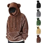 Mens Fluffy Fleece Hoodies Cute Teddy Bear Ear Couple Hoodie Thermal Winter Sweatshirt Soft Warm Lined Hooded Sweatshirts Long Sleeve Baggy Casual Pullover Comforty With Kangaroo Pocket Coffee
