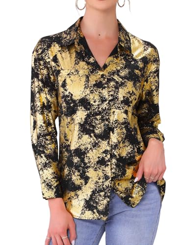 Chemise imprimée boutonnée pour femme col en V manches longues Allegra K