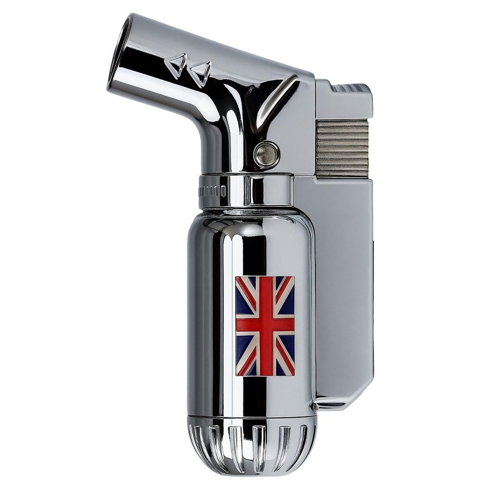 BML Metal Jet Flame Torch Lighter Windproof Refillable Angled Nozzle UK Flag Design Ideal for Home Kitchen and Outdoor Use (Silver)