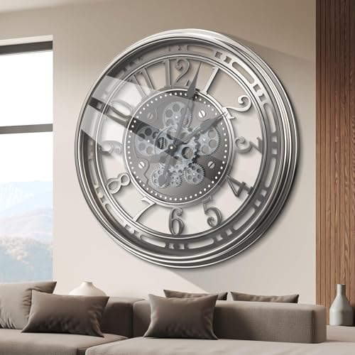 Tottshak Moving Gear Wall Clock for Modern Farmhouse Living Room Decor, Large Industrial Steampunk Metal Decorative Clock for Wall