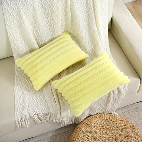 FUTEI Yellow Striped Decorative Throw Pillow Covers 12x20 Inch Set of 2,Rectangle Fall Decorations Couch Lumbar Pillowcase,Soft Cozy Faux Rabbit Fur & Velvet Back,Modern Home Decor for Bed