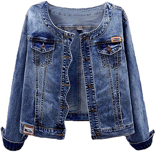 Kedera Women's Collarless Denim Jackets Long Sleeve Stretch Jeans Coat (Blue, Large)