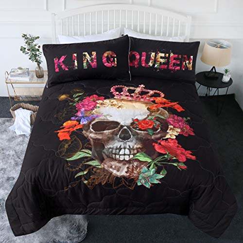 BlessLiving Skull Comforter Set Queen Sugar Skull Bedding Sets Queen with Comforter Red and Black, King and Queen Crown Skull Reversible Beddspreads Mens Bed Set (Full/Queen)
