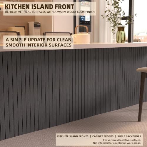 Image of Peel and Stick Wood Slat Wall Panels, Dark Gray, 236 x 15.7 in | 3D Fluted, PVC Paneling for Accent Wall, Ceiling, Living Room, Office, Bedroom