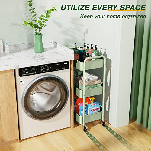 LEHOM 3 Tier Rolling Storage Cart, Metal Trolley Utility Cart with Wheels & Hooks, Easy Assembly Organizer Storage Cart for Bathroom Kitchen Office Bedroom (Green)